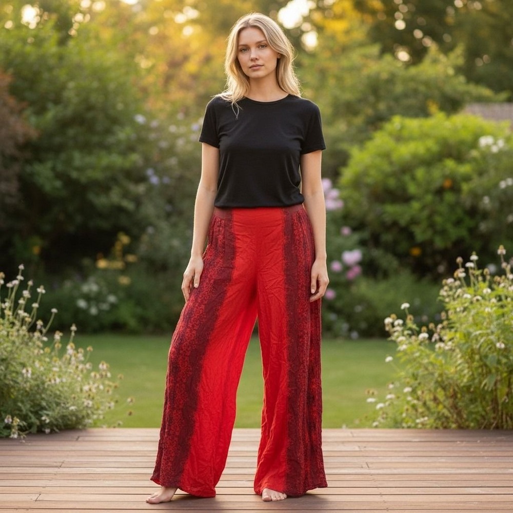 Free People Wide Leg Pants Womens Medium Red Burgundy Damask Boho Flowy